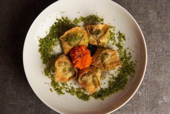 Escargot Wontons - Black Garlic Marmalade, Brown Butter, Herb Crumble