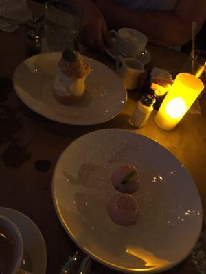 Ice cream stuffed profiterole and panna cotta