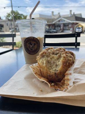 Iced latte with oat milk ($6.90) and large lemon blueberry crumb muffin ($7.28)