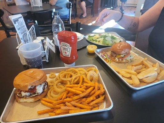 Wife and i eating burgers n fries