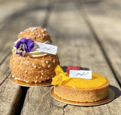 Cream puff and passion fruit tart.