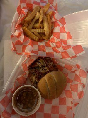 BBQ Pulled pork plate,  delicious tender tasty bbq, the fries has a great seasoning to them, the baked beans fabulous.