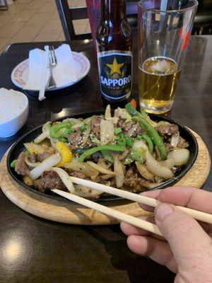 Beef Bulgogi with rice and a Saporo beer.