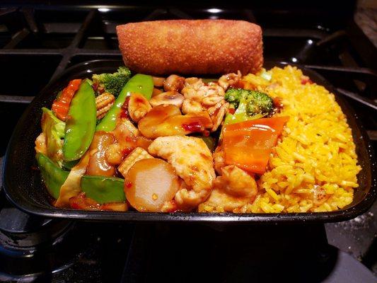 Hunan Chicken, fried rice, egg roll