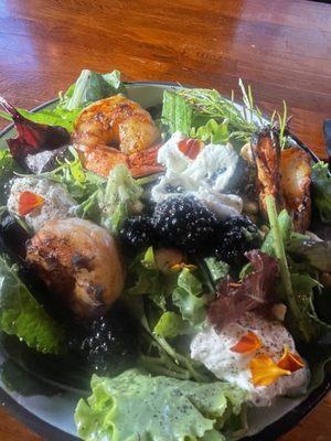 Seasonal Salad with tiger prawns, hazelnuts, ricotta and blackberries. AMAZING.