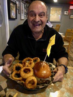 Outrageous burger and onion rings