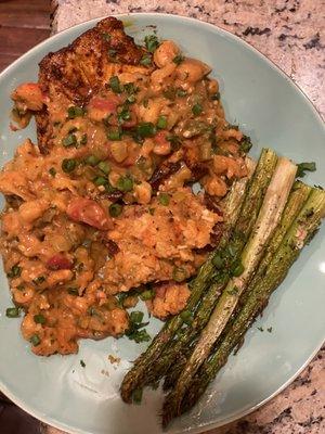 Homemade Blackened Grouper (fresh grouper from Succulent Seafood) and crawfish etoufee.