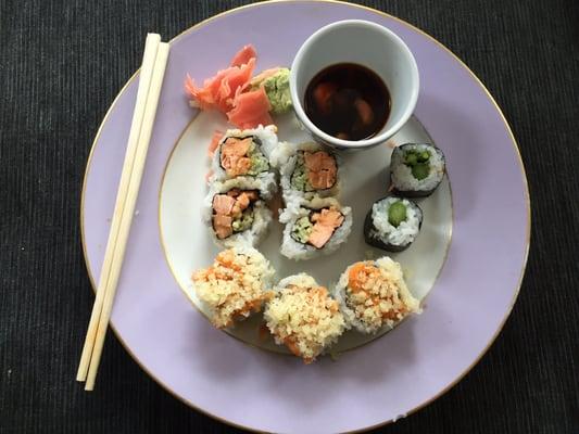 Spicy tuna roll, asparagus roll and salmon roll.