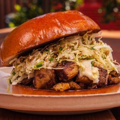 Cola-Braised Pork Baked Bun - with cabbage slaw, preserved mustard seeds and garlic mayo