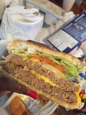 Double Cheeseburger with lettuce, tomato, and onion (half)