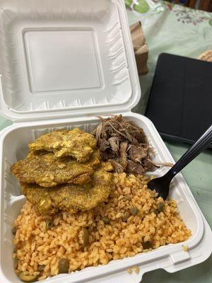 Friday pork special, rice with pigeon peas and fried plantains.