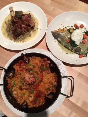 Lamb, trout, paella