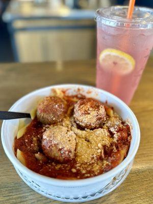 Spaghetti with Grass Fed Meatballs and Blackberry Hibiscus Lemonade