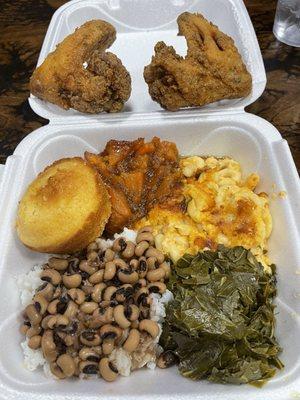 Chicken wing combo with sides, collard greens, mac & cheese, black eyed peas, candied yams cornbread