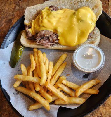 Beef and cheddar, fries pickle and side horseradish.