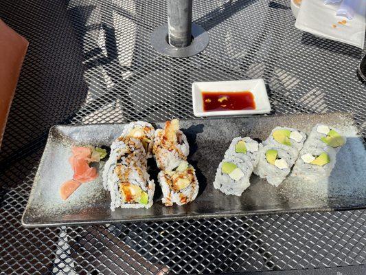 Lunch special - shrimp tempura and an avocado roll (I added cream cheese).