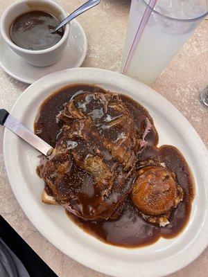 Roast beef, mashed potato's an lots of real yummy gravy