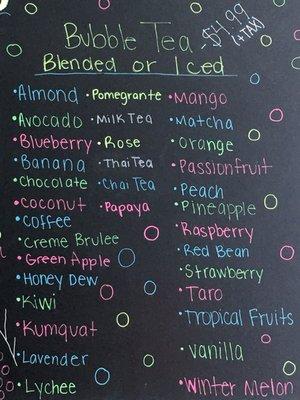 The current list of options for Kelly Cafe's delicious bubble tea!