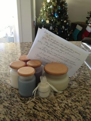 The candles I ordered. Got a free sample and a personal note.  Nice touch! :)