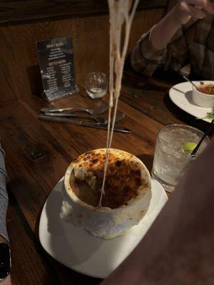 The pull in the French onion soup so yummy