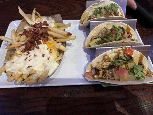 Teriyaki chicken tacos with bacon cheese fries