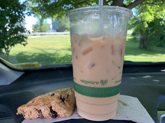 Large cold brew with half and half and almond milk. Gluten free chocolate cherry scone!