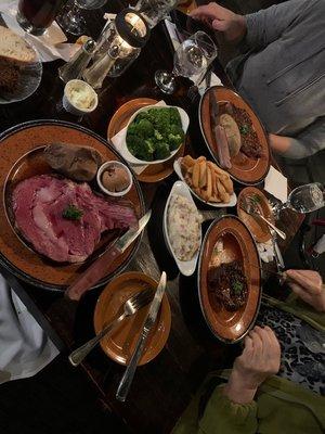 Prime rib Mashed potatoes Steak fries Steamed broccoli  Filet mignon