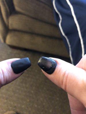 My thumb nails done even match and this one has peeling completely off and is now extremely tacky and everything is sticking.