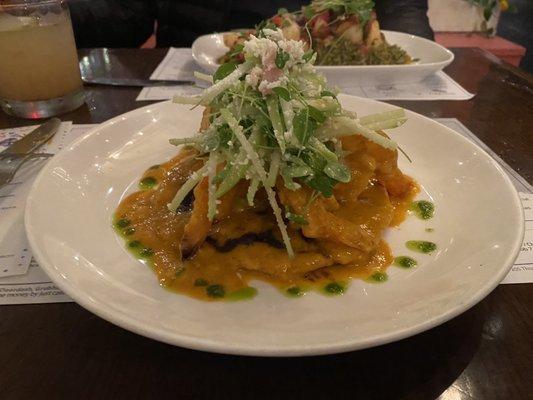 Camaron Toloache, garlic roasted shrimp, with black beans , crispy tortilla & chayote salad