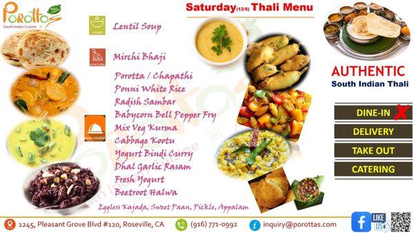 Thali Menu for this Saturday (12/5)