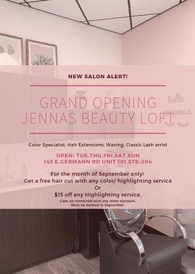 Grand opening! Booked online. www.vagaro.com/jennasbeautyloft