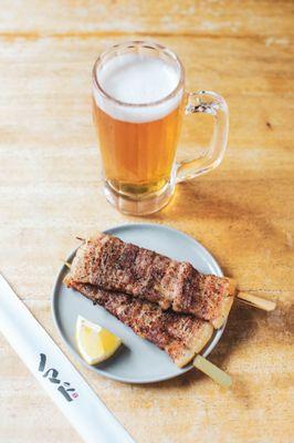 Grilled skewered Pork Belly & Japanese draft beers.