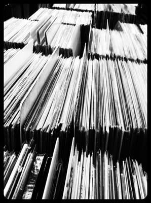 Simple Black&White closeup of some of the amazing vinyl Atomic records has to offer