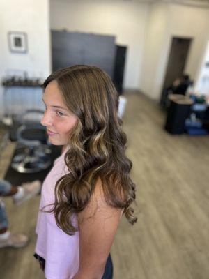 Long layers with a blowout and curling iron curls