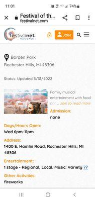 Borden Park:  Family Evening Fun & Fireworks, Wednesday 6/29/2022...I hope to attend!