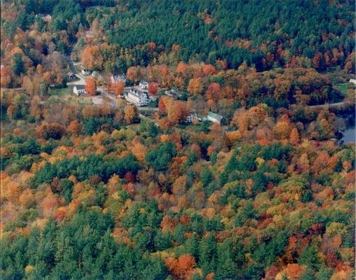 Aerial view of Inn with Fall foliage.