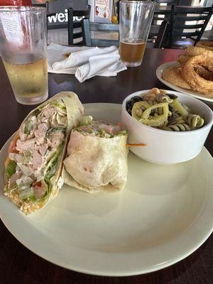 Chicken salad wrap with pasta salad