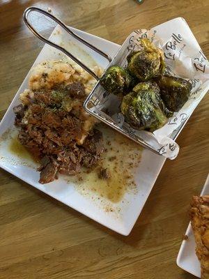 Braised Short Ribs over Mashed potatoes, with Fried Brussel Sprouts.