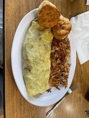 Traditional Cheese Omelette + double jalapenos + tomatoes + onions+ ham+bacon + sausage. Crispy hash browns. Biscuits.