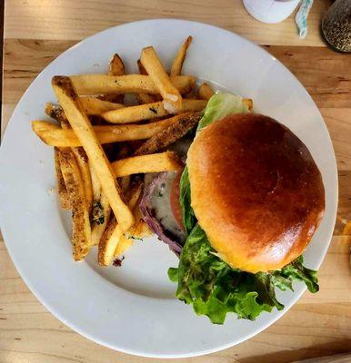 Cheeseburger and fries. Good bun, decent burger. Hit the pre-flight spot