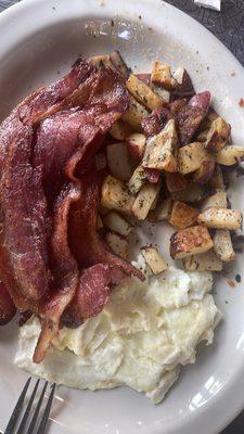 Egg whites, thick cut bacon  and red potatoes