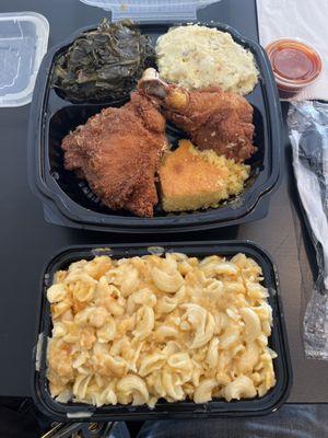 Chicken,Potato salad,Collard greens,Cornbread, Macaroni and Cheese