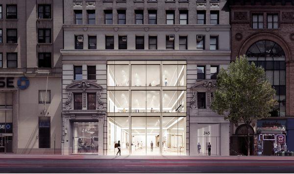 The new three-story facade for 345 Fifth Avenue at night.