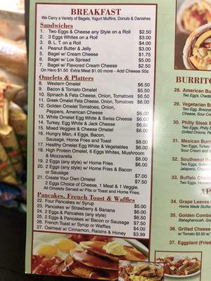 Menu as of April 2019