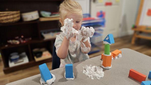 Preschoolers are all about sensory! The foam acts as glue so students can build interesting 3D shapes that wouldn't normally hold up.