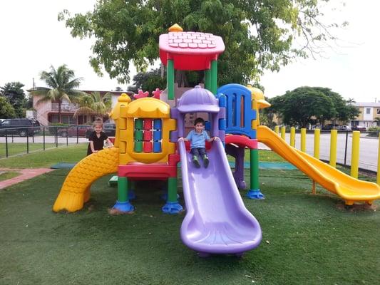 Large playground, up to date play area and artificial grass which is more hygienic