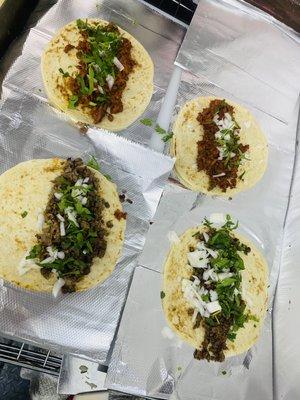 Tacos (pastor,asada, picadillo, chicken or beef fajita, barbacoa, mole with pollo).