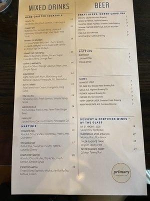 Drink menu