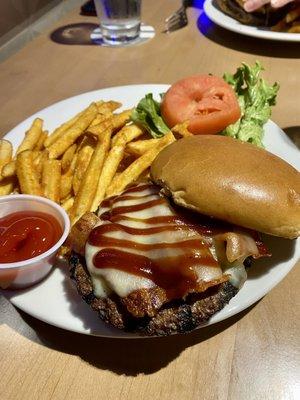 BBQ bacon cheeseburger with fries