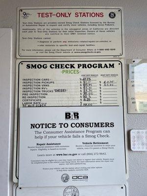 Prices for their smog checks (not including the cost for the state certificate that needs to be sent to the DMV, which was $8.25 for me.)